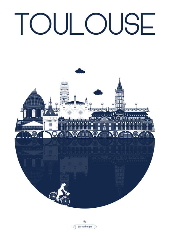 Affiche illustrée "Toulouse – La Ville" en version marine, vue de face, sans encadrement.