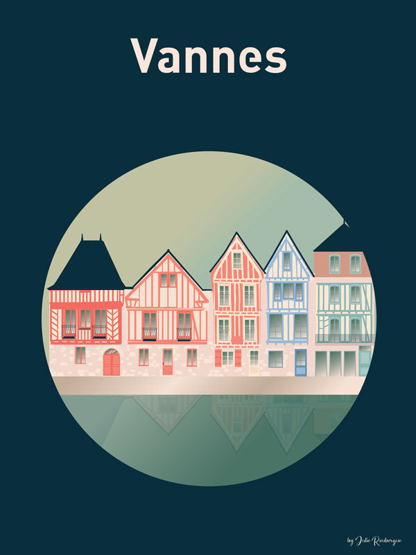 Affiche illustrée Vannes – Les Maisons en 30x40 cm, façades colorées de Bretagne.