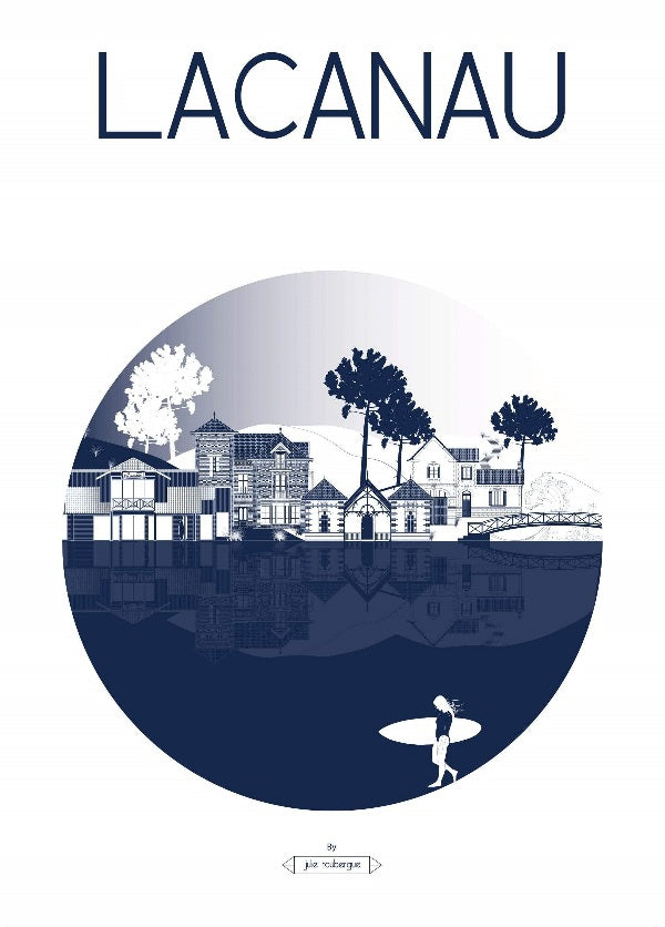 Carte postale Lacanau – La Ville version marine, illustration graphique des villas, des pins et du paysage entre lac et océan.